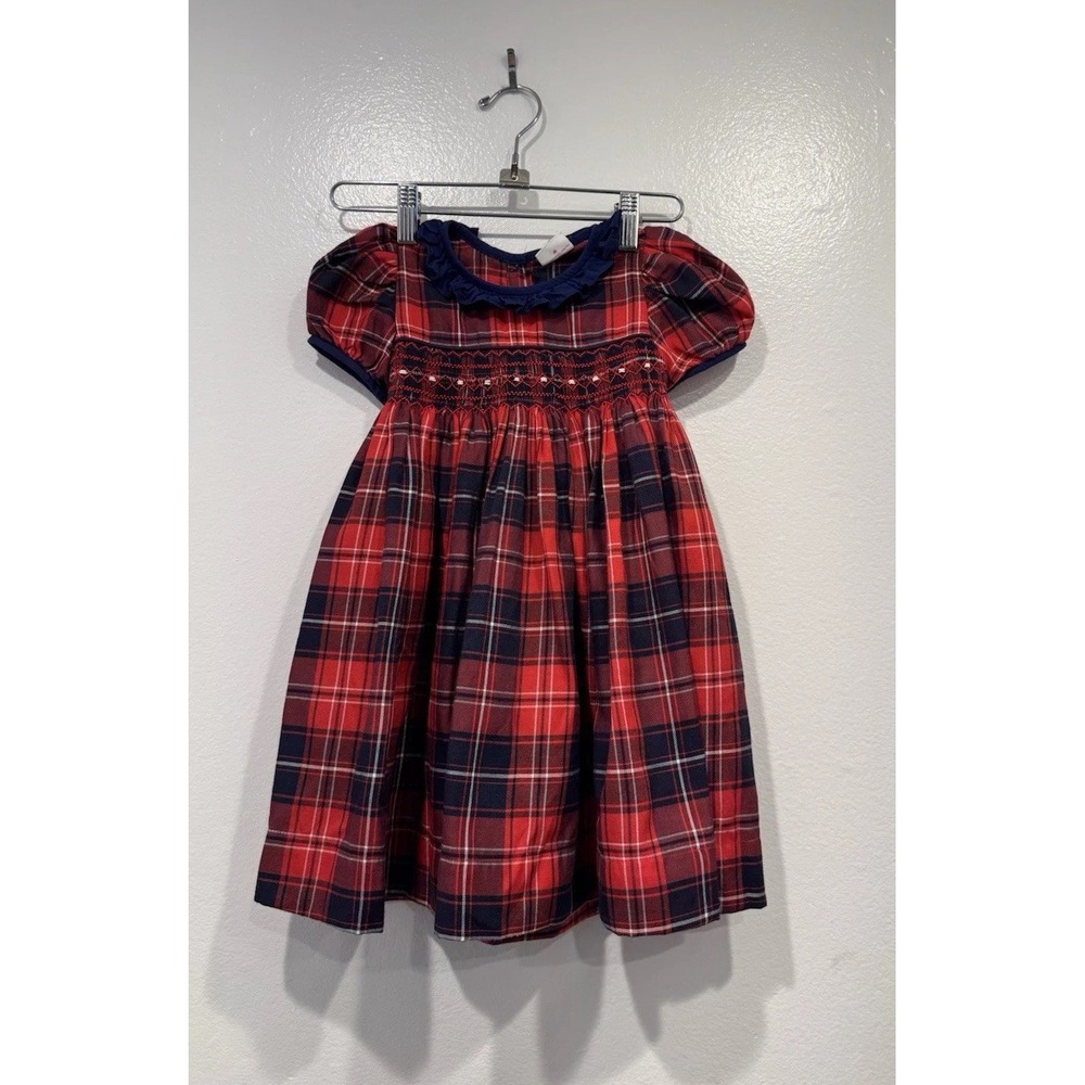 Princess Garden Red Blue Tartan Plaid Smocked Dress Girls Sz 4 Holiday Christmas